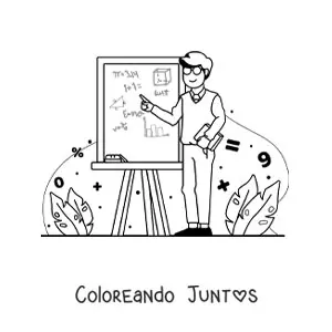 Imagen para colorear de un profesor señalando una pizarra con fórmulas matemáticas