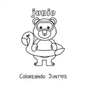 Imagen para colorear de junio con un oso animado con un salvavidas y lentes de buceo