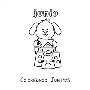 Imagen para colorear de junio con un perro animado haciendo un castillo de arena