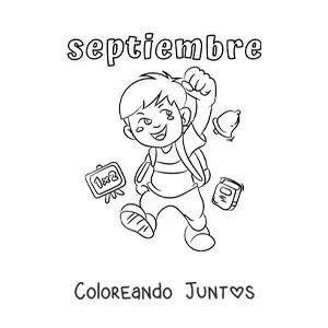 Imagen para colorear de septiembre con un niño de regreso a clases