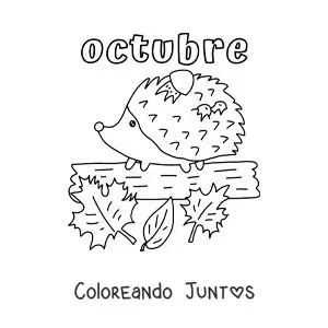 Imagen para colorear de octubre con un puercoespín con hojas de otoño