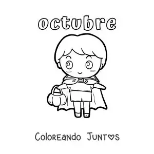 Imagen para colorear de octubre con un niño animado disfrazado de vampiro de halloween