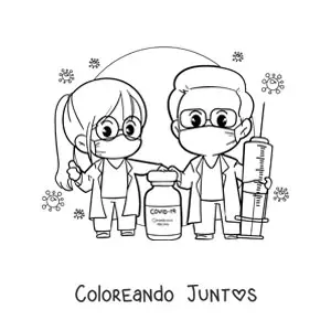 Imagen para colorear de dos médicos animado kawaii con vacuna contra el coronavirus