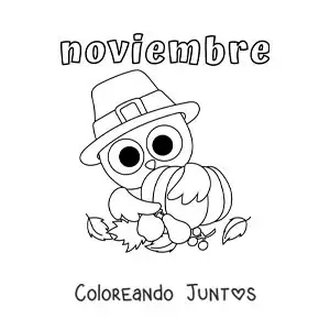 Imagen para colorear de noviembre con un búho animado de acción de gracias