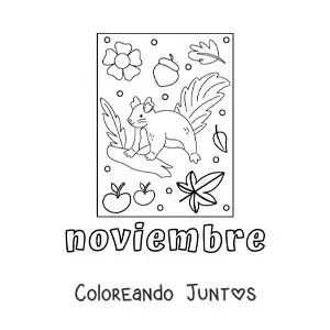 Imagen para colorear de noviembre con una ardilla animada con hojas de otoño