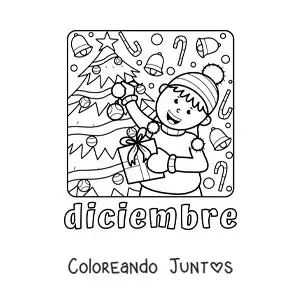 Imagen para colorear de diciembre con un niño com regalos junto al árbol de navidad