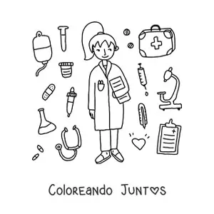 Imagen para colorear de una doctora animada rodeada de instrumentos médicos
