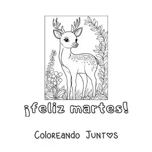 Imagen para colorear de feliz martes con un ciervo tierno con flores