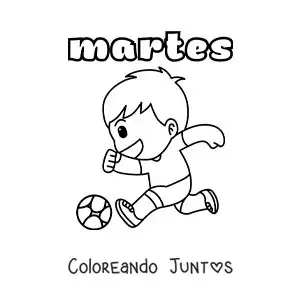 Imagen para colorear del día martes con un niño practicando fútbol