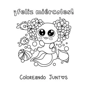 Imagen para colorear de feliz miércoles con un axolotl animado kawaii