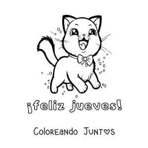 Imagen para colorear de feliz jueves con un gato animado kawaii
