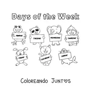 Imagen para colorear de animales animados con los días de la semana en inglés