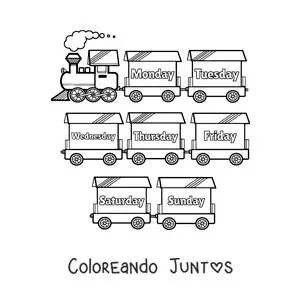 Imagen para colorear de tren con los días de la semana en inglés