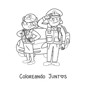 Imagen para colorear de un par de policías animados junto a una patrulla