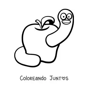 Imagen para colorear de caricatura de un gusano animado en una manzana