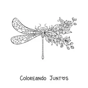 Imagen para colorear de una hermosa libélula con flores