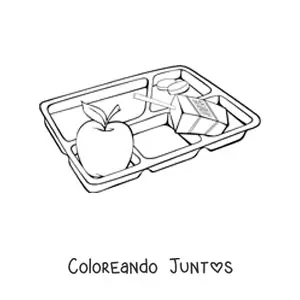 Imagen para colorear de una bandeja de almuerzo escolar con una manzana y una caja de jugo