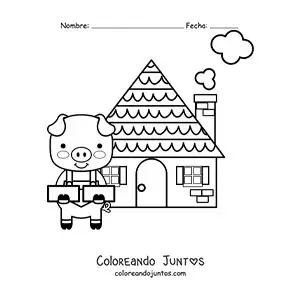 Imagen para colorear de uno de los tres cerditos con su casa de ladrillos