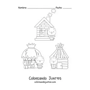 Imagen para colorear de los tres cochinitos y sus casas