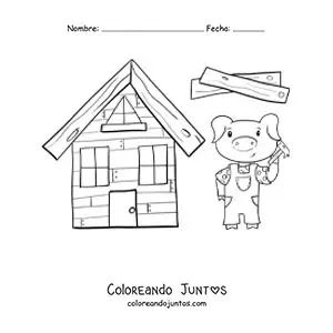 Imagen para colorear de uno de los tres cochinitos construyendo su casa de madera