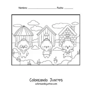 Imagen para colorear de los tres cochinitos animados y sus casas