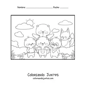 Imagen para colorear de la familia de los tres cerditos y el lobo
