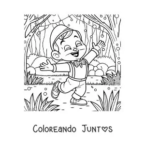 Imagen para colorear de Pinocho alegre en el bosque