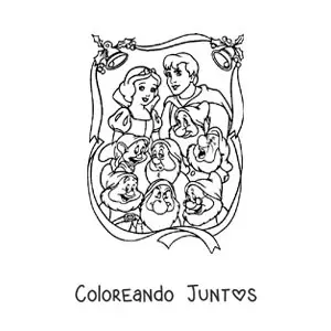 Imagen para colorear de Blancanieves con el príncipe y los siete enanitos