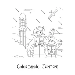 Imagen para colorear de una niña astronauta saludando junto a un astronauta y un cohete despegando