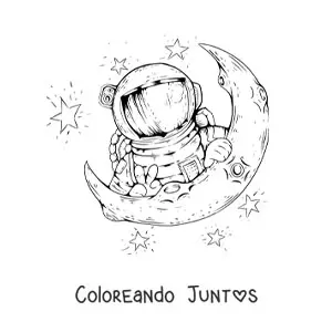Imagen para colorear de un astronauta asomando sobre media Luna