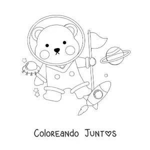 Imagen para colorear de un oso astronauta animado en el espacio