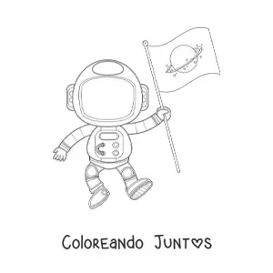 Imagen para colorear de un astronauta animado sujetando una bandera