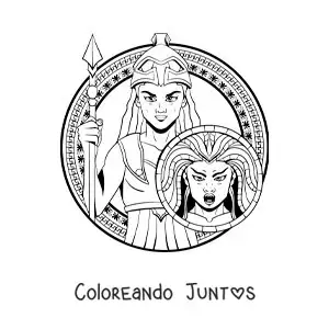 Imagen para colorear de Atenea y su casco de guerrera con una lanza y su escudo