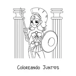 Imagen para colorear de la diosa Atenea animada con su lanza y armadura
