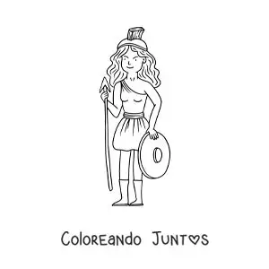 Imagen para colorear de Atenea la diosa griega animada con su lanza y escudo de guerrera