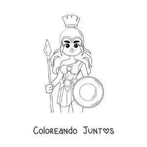 Imagen para colorear de la diosa Atenea con su casco y escudo en un estilo animado