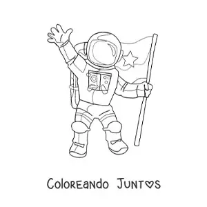 Imagen para colorear de un astronauta en traje espacial saludando sosteniendo una bandera