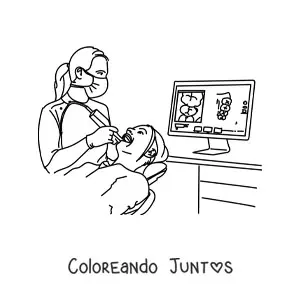 Imagen para colorear de una mujer dentista y un paciente en la silla de consulta