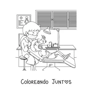 Imagen para colorear de una dentista y un niño en la consulta odontológica