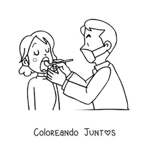 Imagen para colorear de un dentista animado y su paciente con la boca abierta