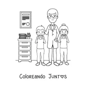 Imagen para colorear de un dentista infantil y dos niños