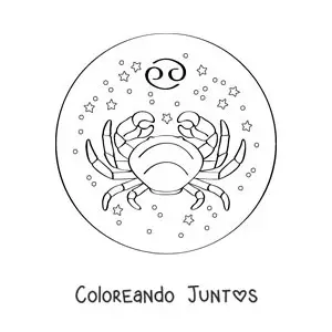 Imagen para colorear de cangrejo del signo zodiacal cáncer con su símbolo y estrellas
