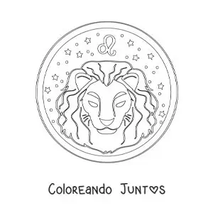 Imagen para colorear de león del signo zodiacal leo con su símbolo y estrellas