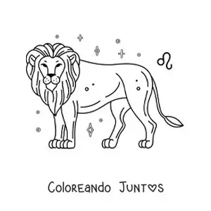 Imagen para colorear de león del signo leo con su símbolo y estrellas