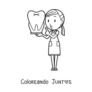 Imagen para colorear de una dentista sosteniendo un diente gigante