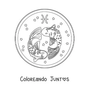 Imagen para colorear de los peces de Piscis animados con estrellas y su símbolo