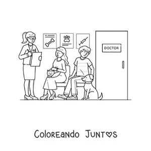 Imagen para colorear de pacientes en la sala de espera en una clínica veterinaria