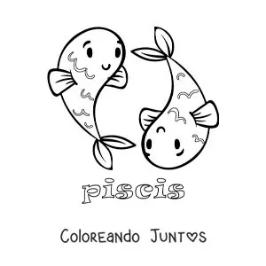 Imagen para colorear de caricatura del signo Piscis con su nombre para niños