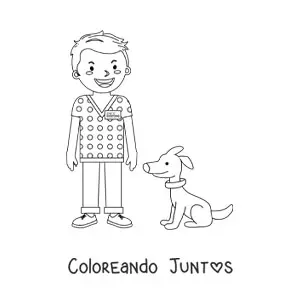 Imagen para colorear de un veterinario animado junto a un perro