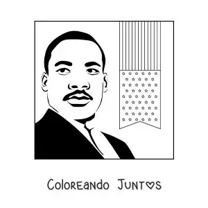 Imagen para colorear de un retrato de Martin Luther King con la bandera de usa